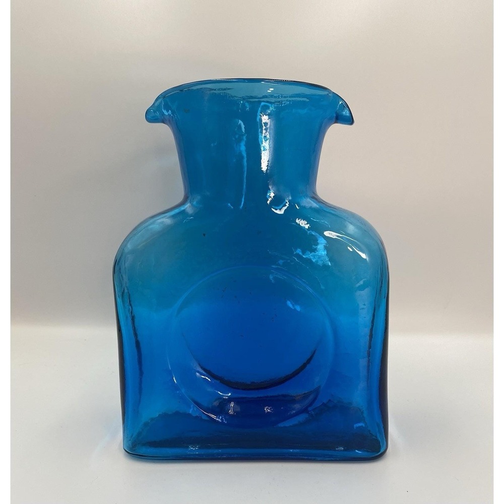MCM 1960's Vintage Blenko Art Glass Water Bottle Teal 8 1/4"